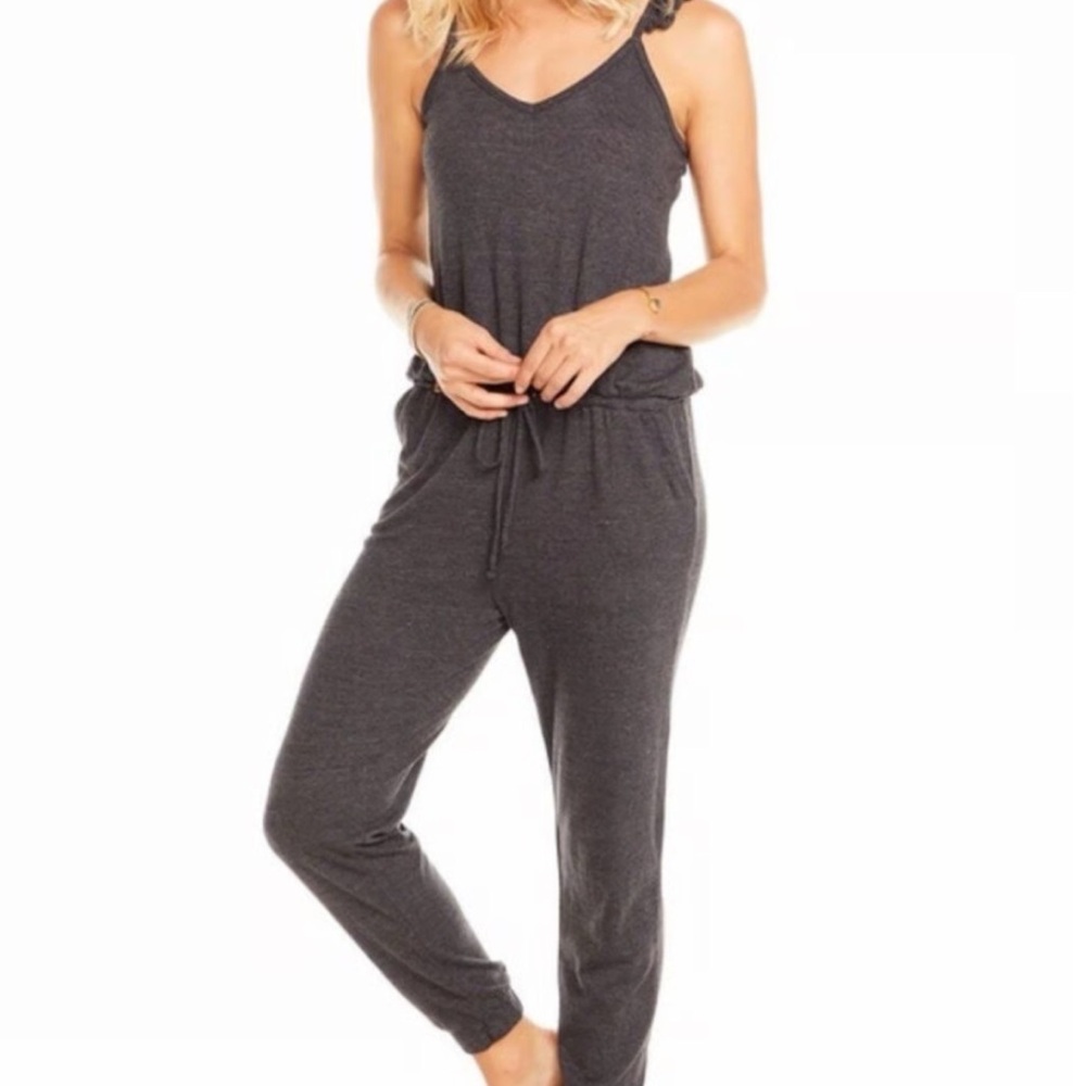 Chaser Gray Flutter Ruffle V Neck Drawstring Jumpsuit Womens Size Small